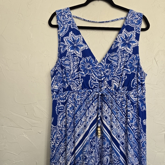 Lilly Pulitzer Blue White Drawstring Waist Miraflora Maxi Dress, XL - Picture 4 of 13